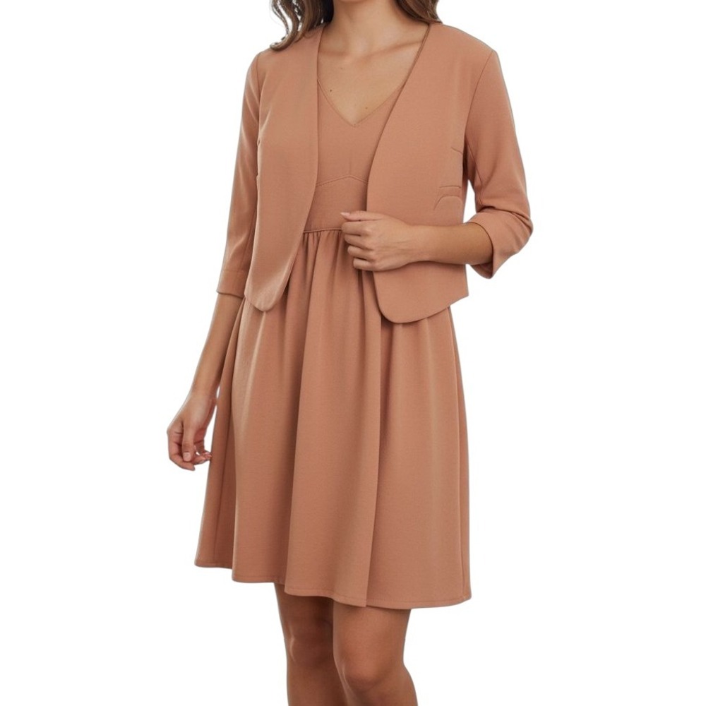 COTELAC Dress & Crop Blazer Set 3/4 Sleeve V Neck Salmon Sz‎ 1 Small Minimalist